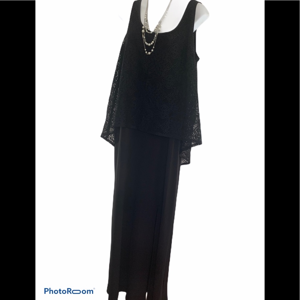 S.L. Fashions Sleeveless Lace Overlay Black Maxi Dress